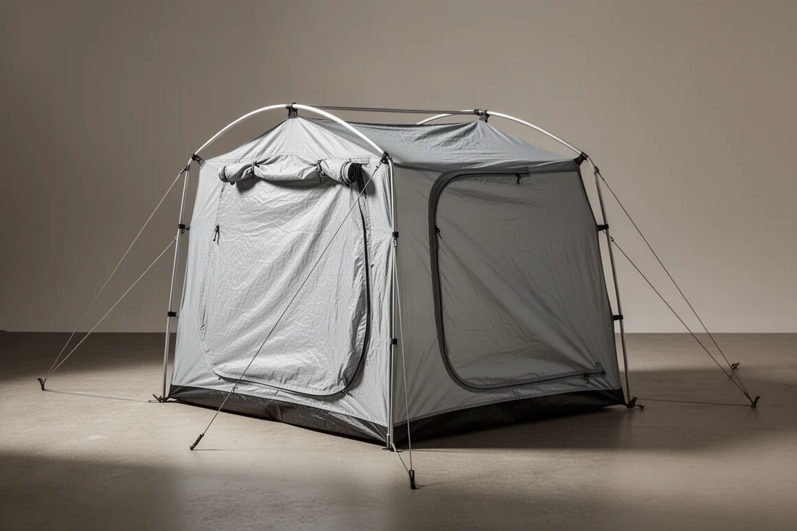 Light gray tent vestibule extension with aluminum pole on a neutral concrete backdrop