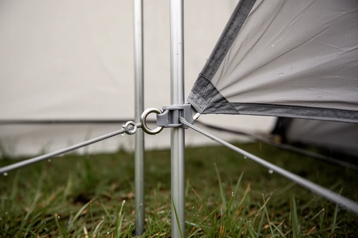 Primo piano di un occhiello metallico e una clip che collegano il vestibolo di una tenda a un palo in alluminio