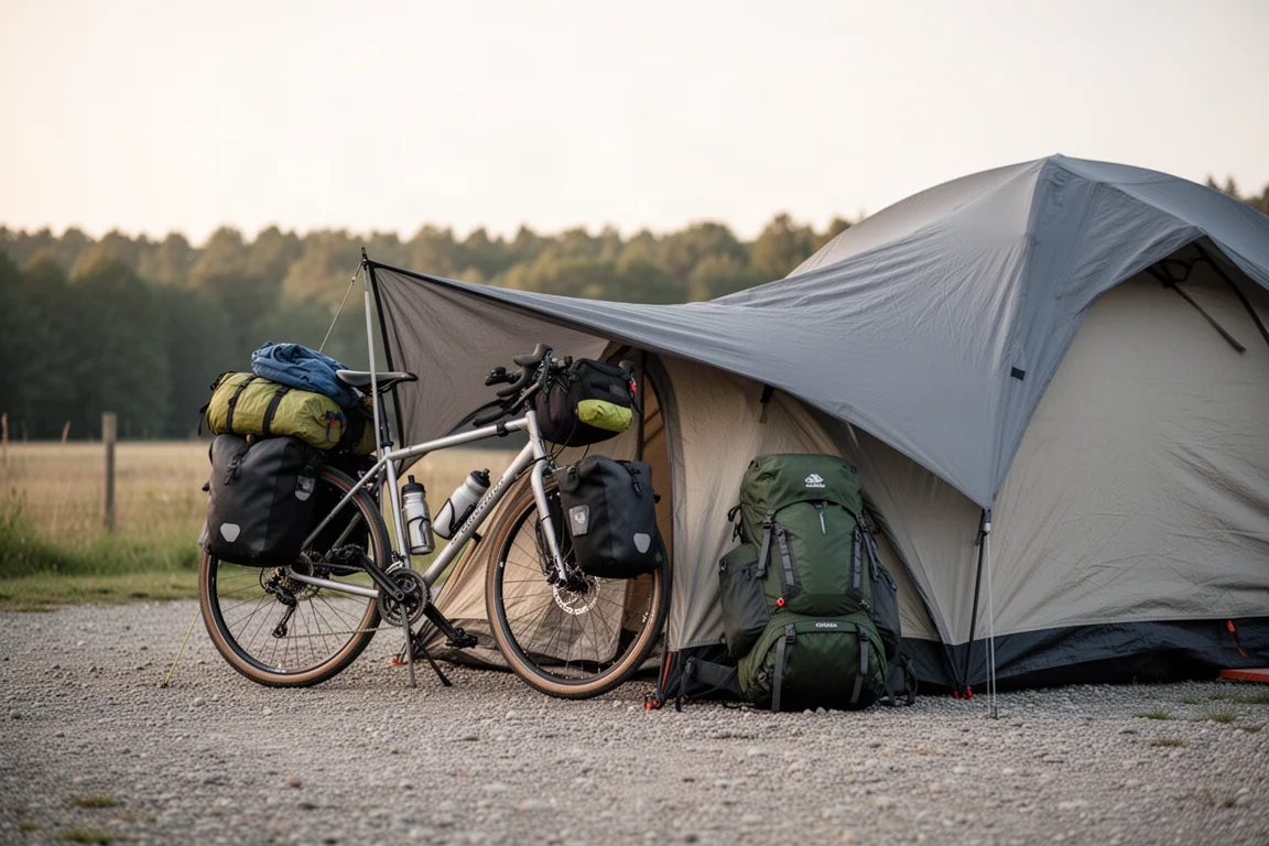 Bicicletta da turismo carica parzialmente riparata accanto a una tenda in un campeggio rurale