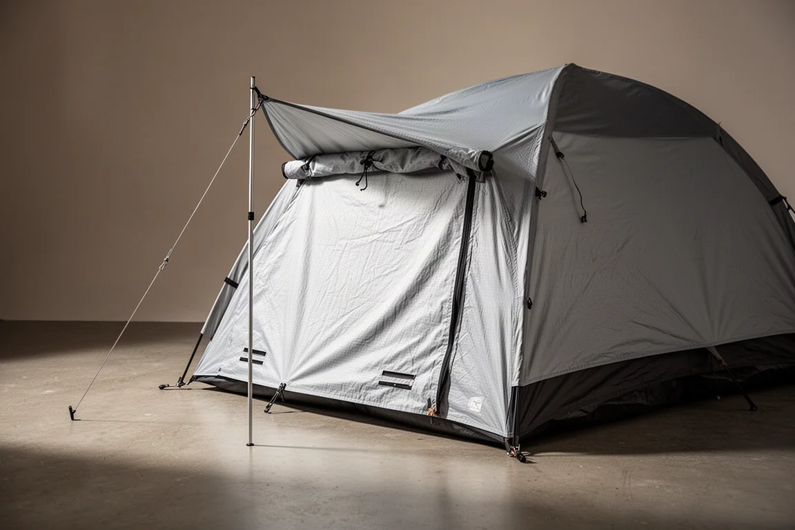 Light gray tent vestibule extension attached to the doorway of a two-person backpacking tent