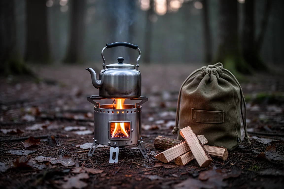 Small titanium camp stove burning on a forest floor at dusk with a kettle on top