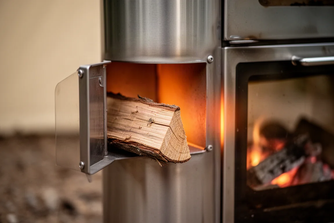 Close-up of a titanium wood stove side feeding port with split wood and a warm glow