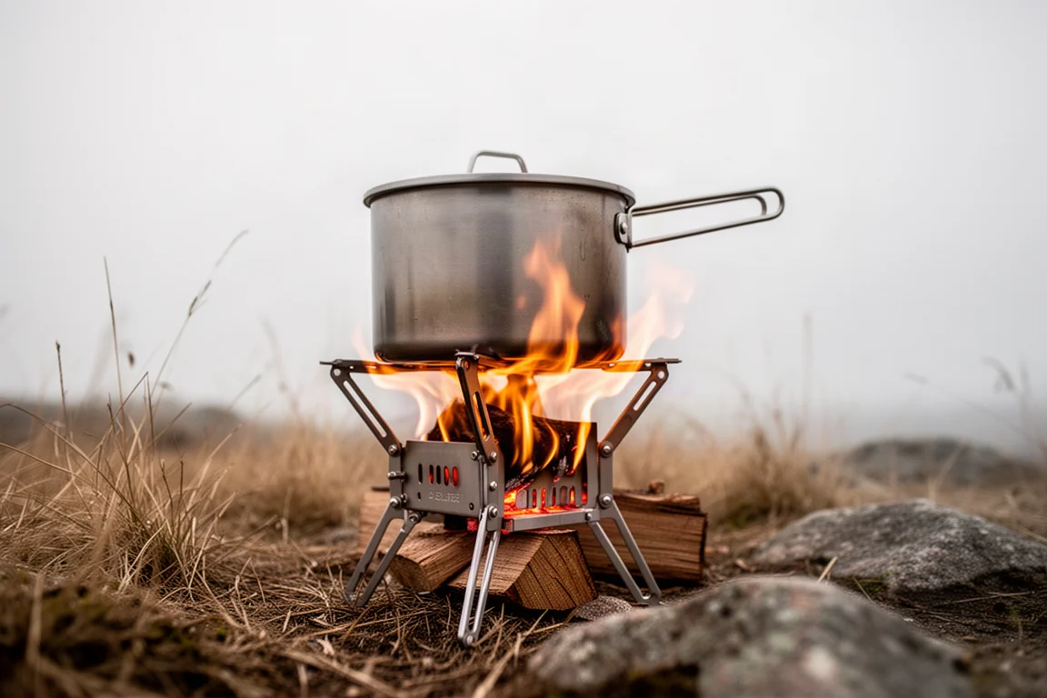 Pot on a titanium wood stove with flames rising in a breezy outdoor setting