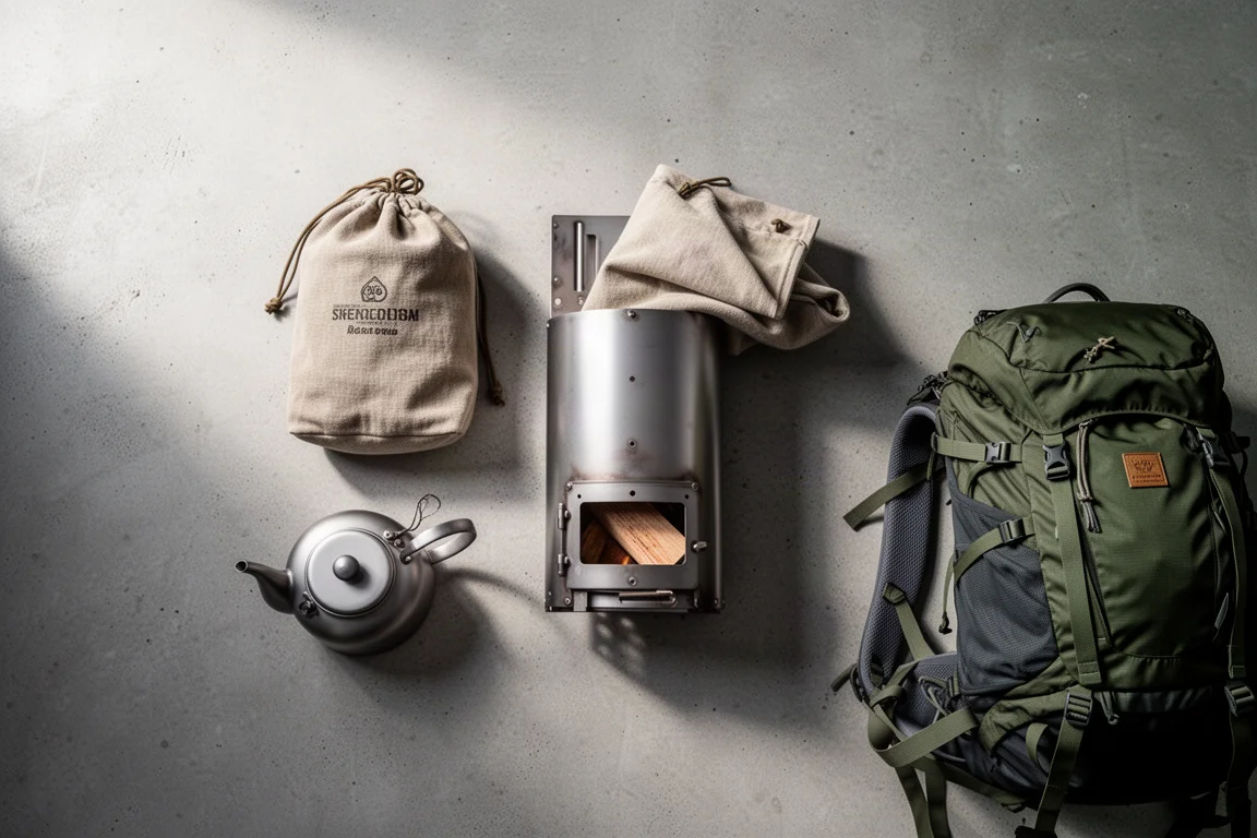 Flat-lay of a folded titanium stove, canvas bag, kettle and backpack on concrete