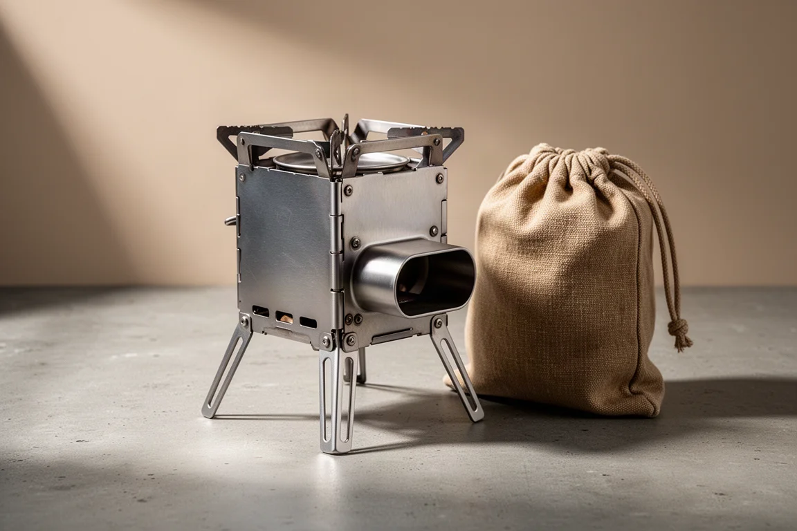 Folding titanium wood-burning camp stove with canvas draw bag on a concrete surface