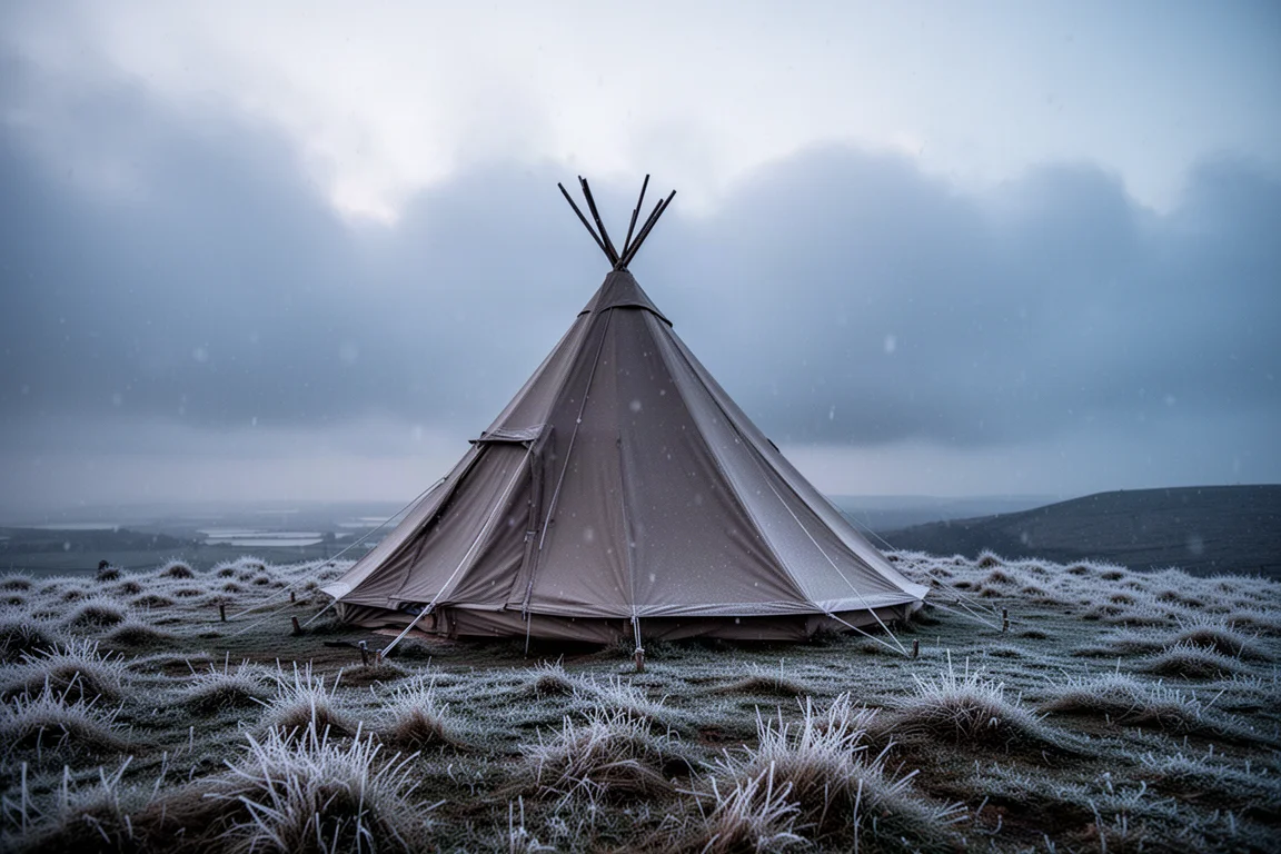 Pyramid tipi tent pitched on a winter hillside at dusk under low grey clouds