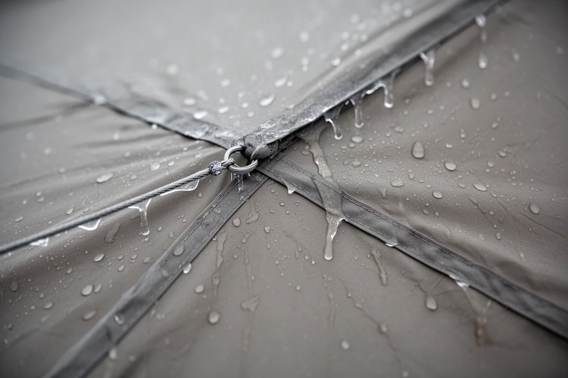Close-up of tent fabric coated in a thin shell of ice with rain running down