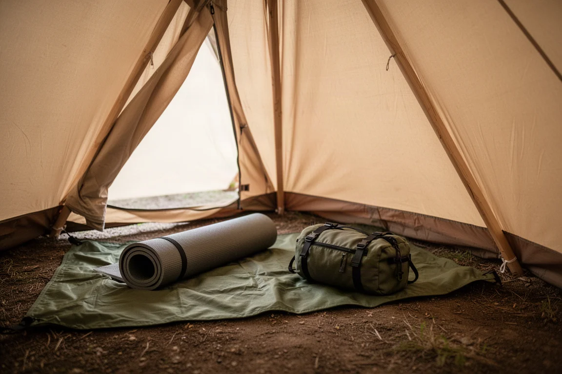 Groundsheet and rolled sleeping pad laid out inside a tipi tent interior