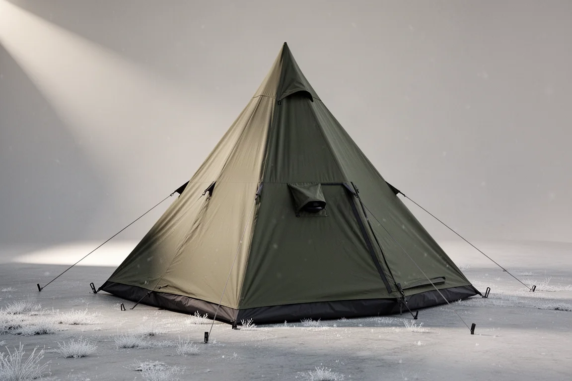 Four-season pyramid tipi hot tent pitched on frosty ground in soft directional light