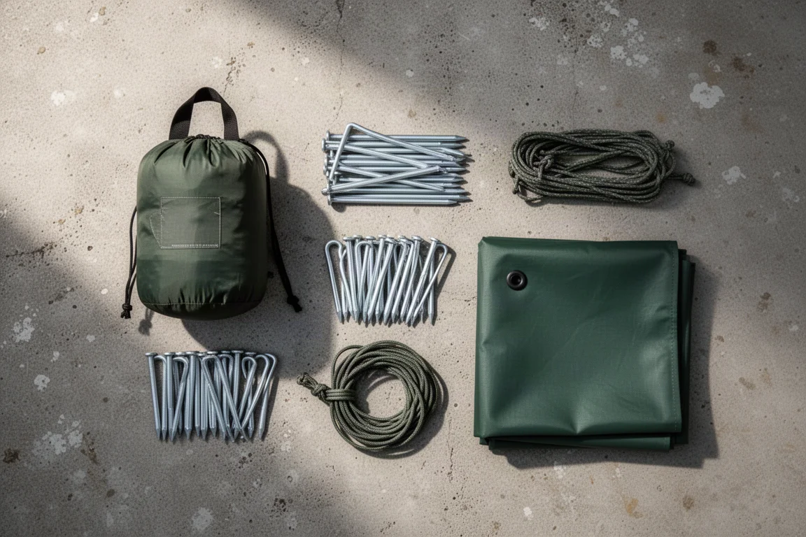 Flat-lay of a compact tent stuff sack, aluminium stakes, guy lines and ground sheet on concrete