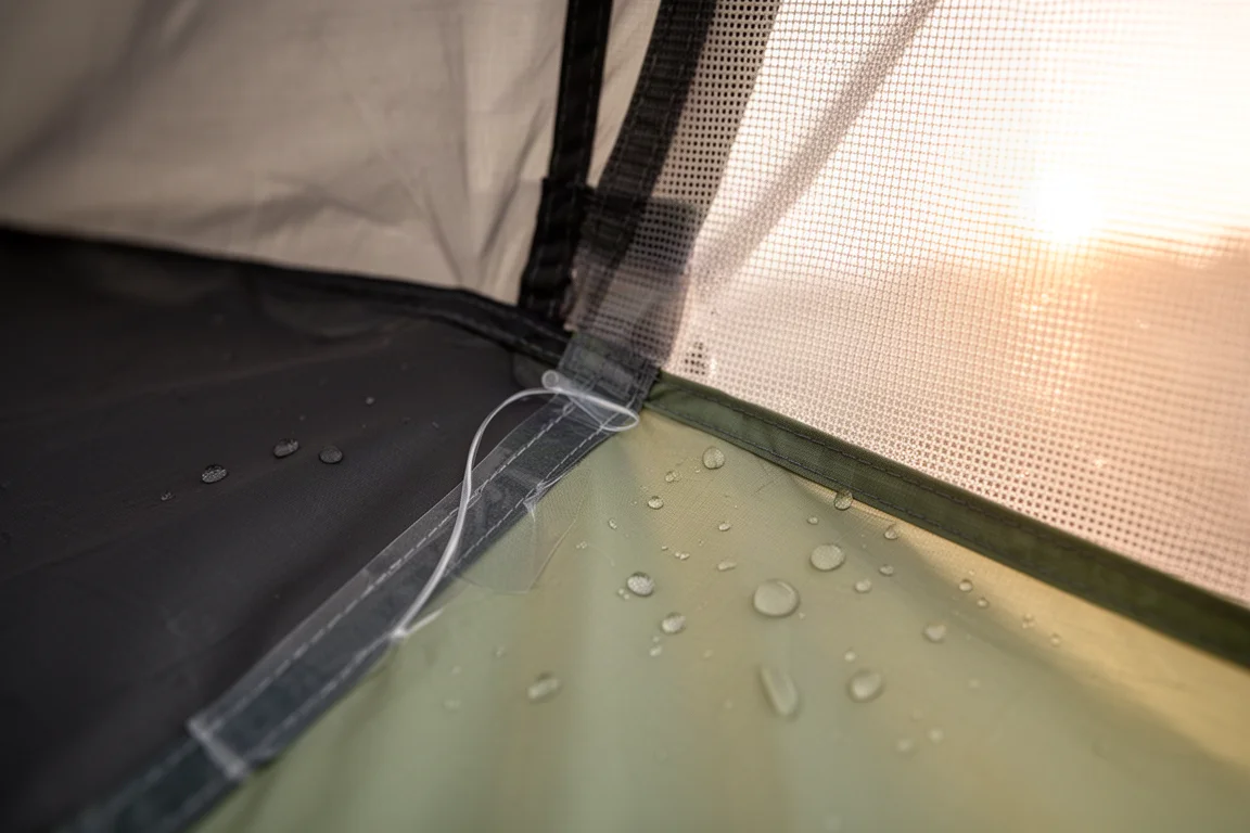 Close-up of taped seam on tent fly fabric beside a panel of fine mesh in soft light