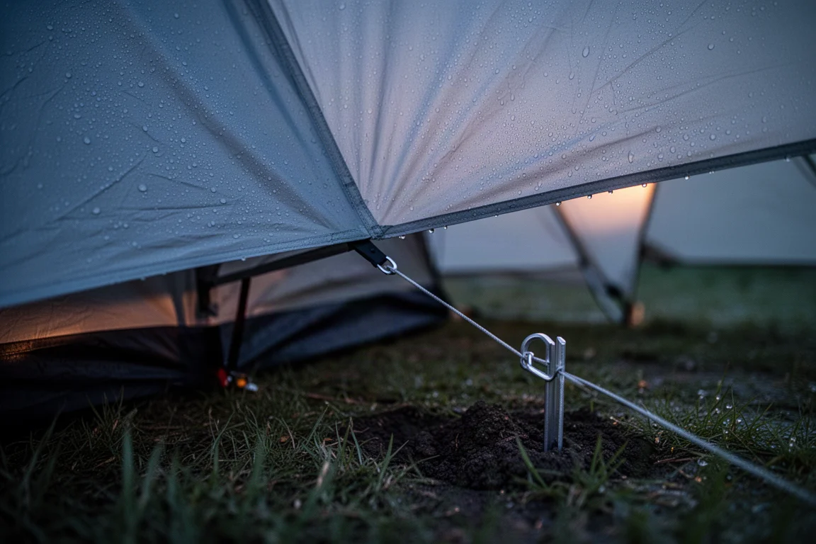 Low angle of a tent corner guy line staked into damp grass with condensation on the fly