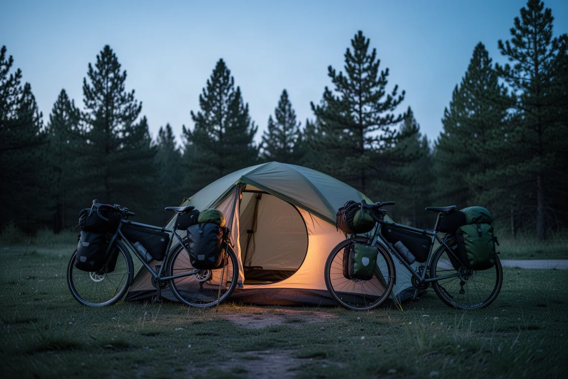 Small tent glowing at blue hour beside a loaded touring bicycle at a campsite