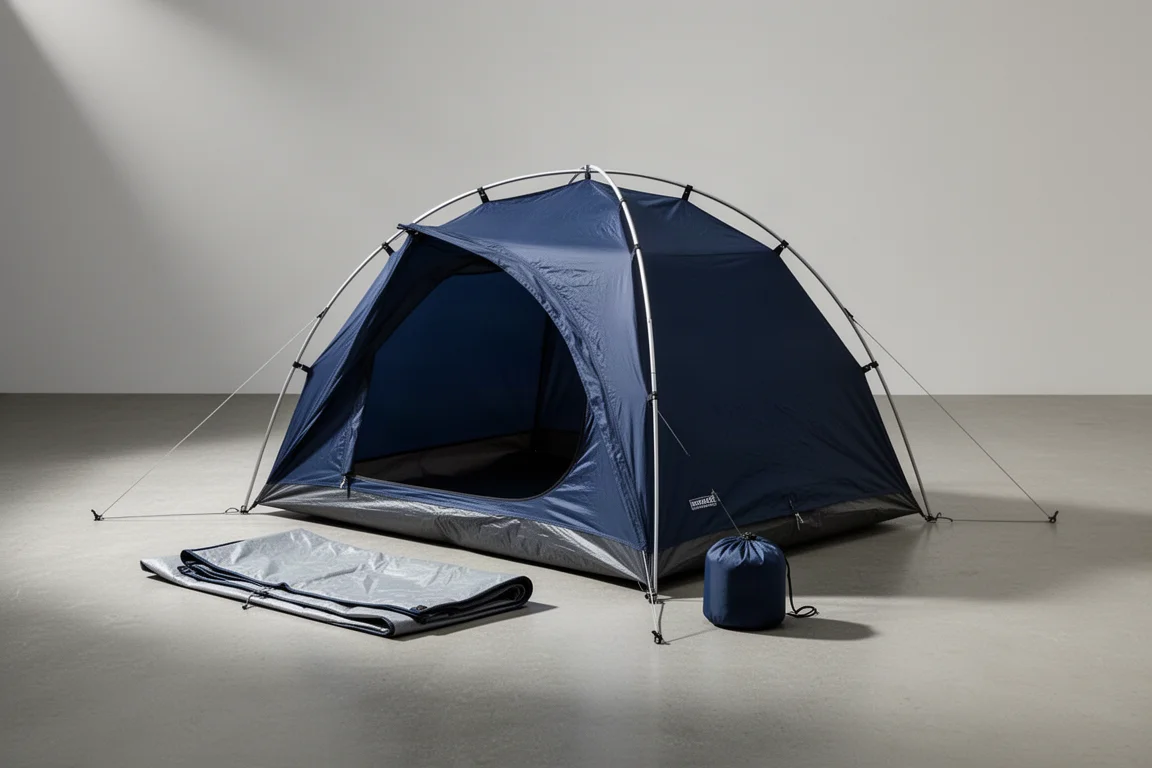 Navy blue one-person camping tent pitched on concrete with folded ground sheet beside it