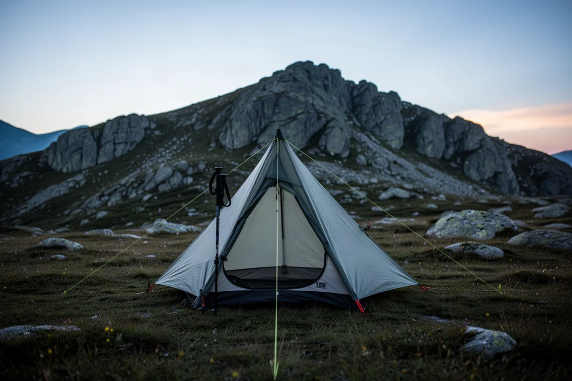 Tienda para bastones de trekking montada en un campamento alpino de hierba al atardecer