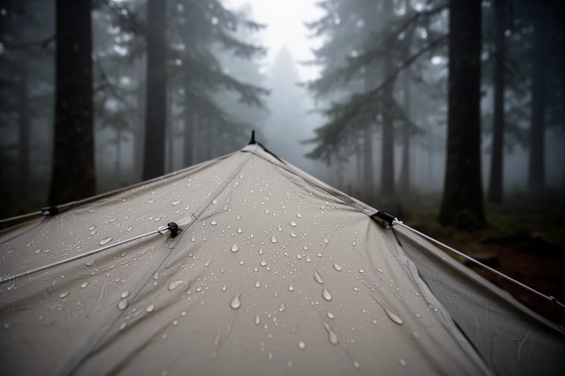 El sobretecho de la tienda cubierto de gotas de lluvia en un campamento forestal húmedo