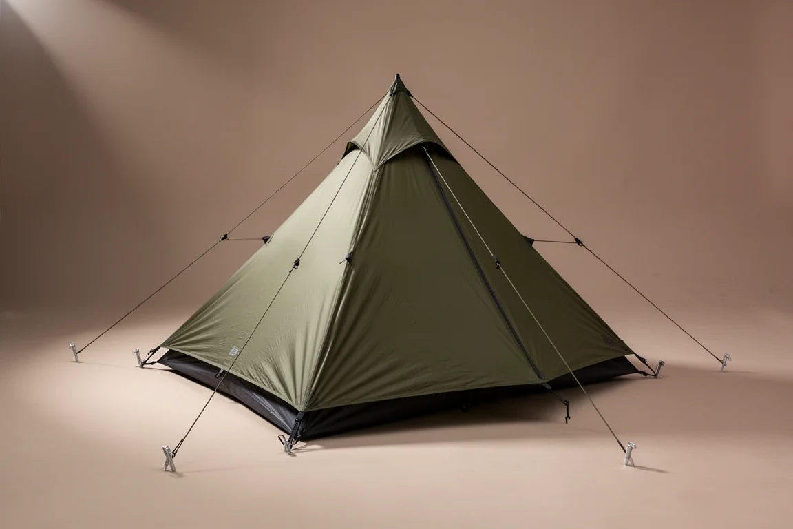 Single-person pyramid trekking pole tent with olive fly and tensioned guy lines on a neutral backdrop