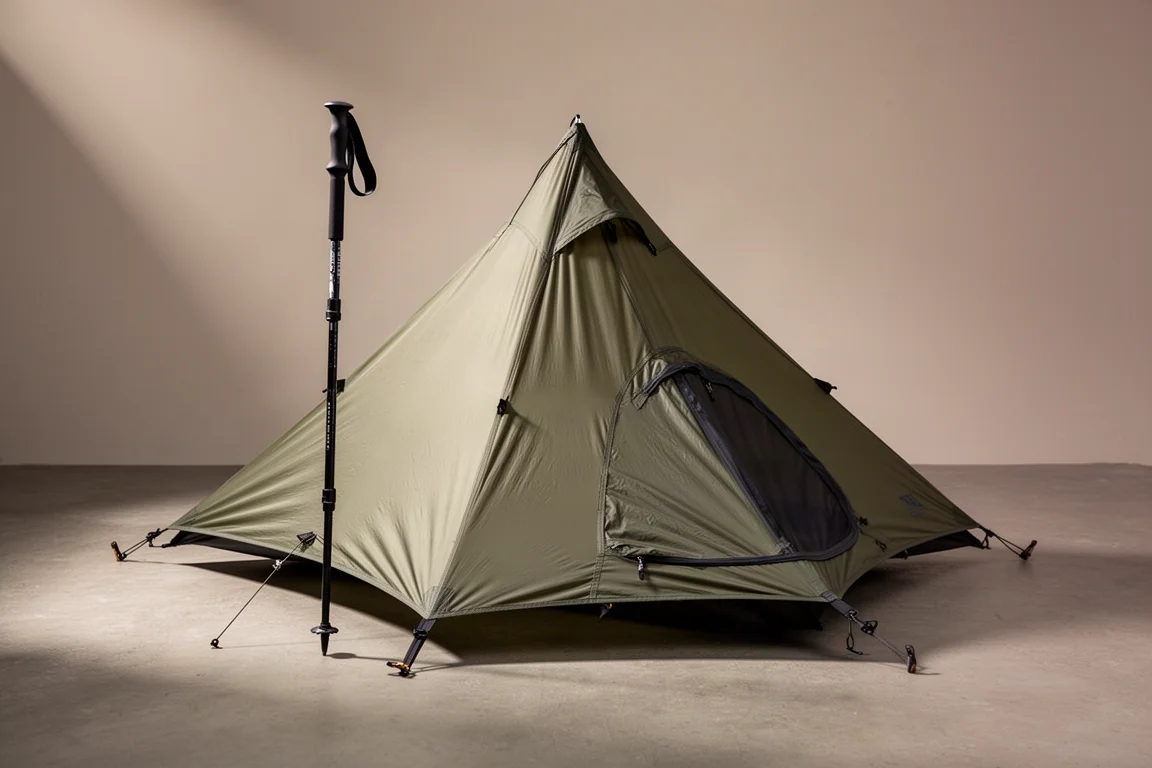 Olive-green one-person pyramid trekking pole tent pitched on a neutral concrete surface