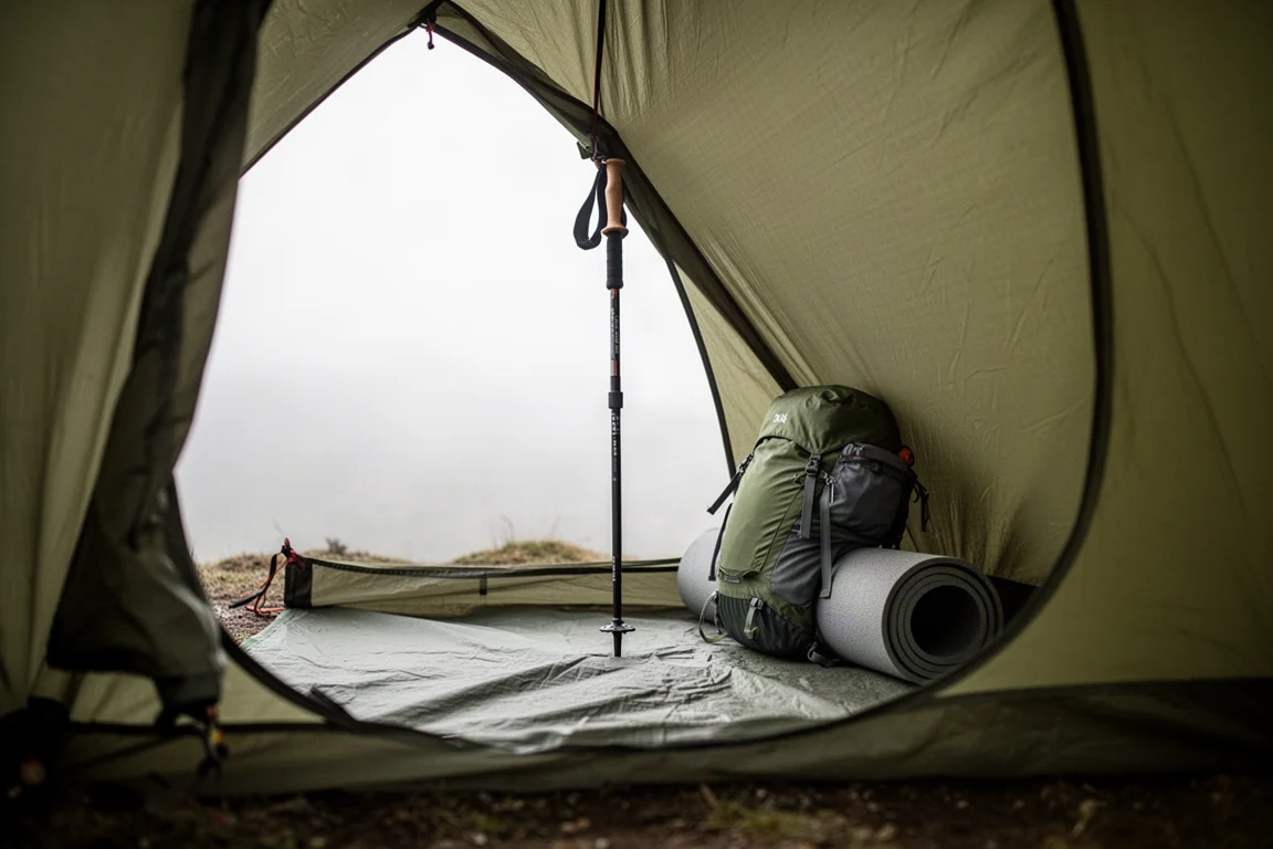 Close da ponta de um bastão de caminhada encaixada no ápice de um tarp de nylon verde tensionado, com estaca em grama úmida