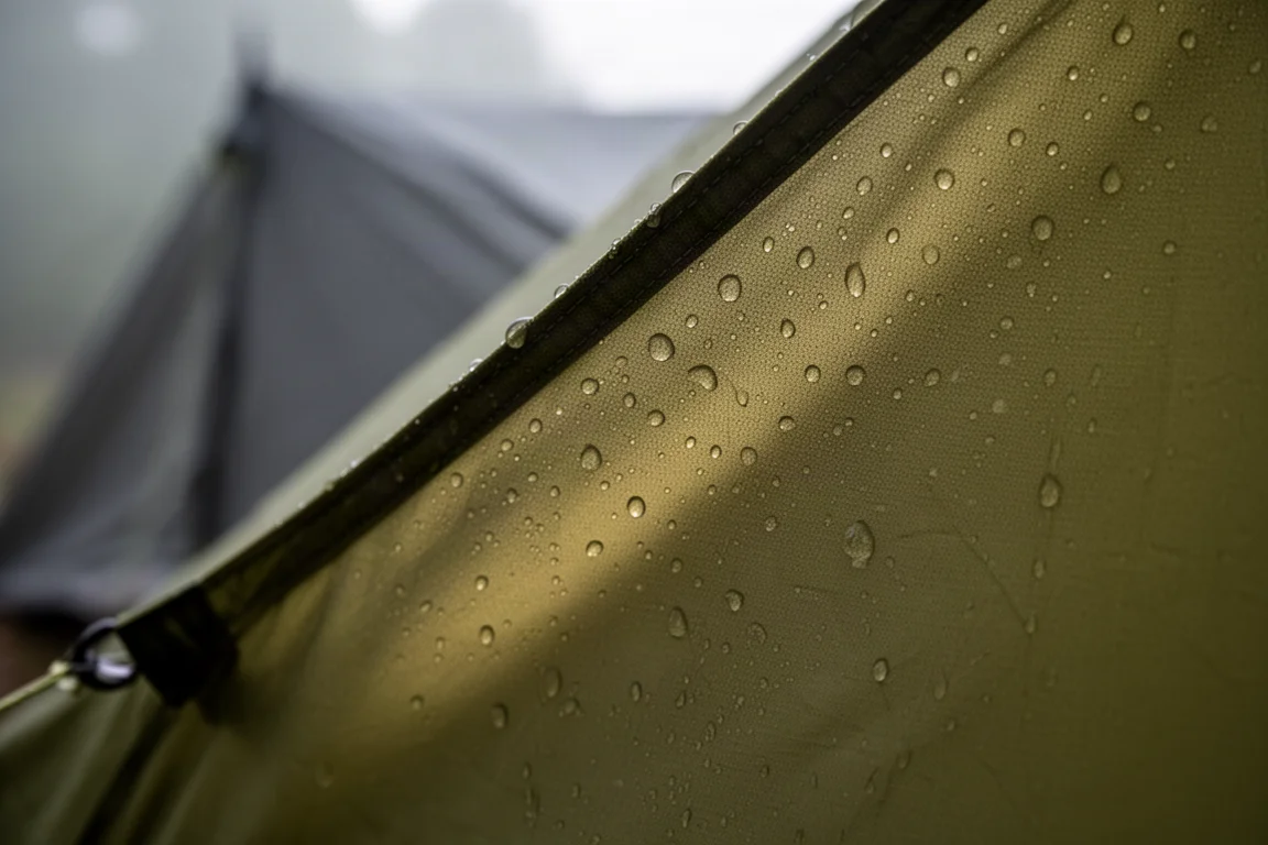 Interior de um pequeno abrigo tarp baixo com colchonete e um único bastão de caminhada no meio