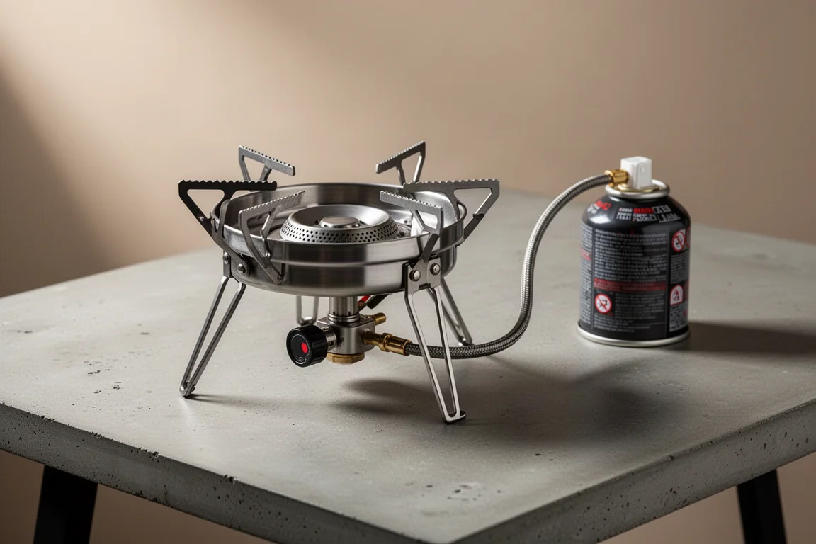 Compact stainless steel three burner camping stove with fuel hose on a concrete surface