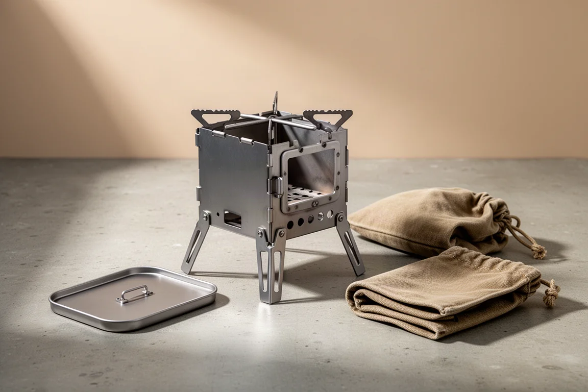 Titanium wood-burning camp stove assembled on concrete beside its lid and canvas sack