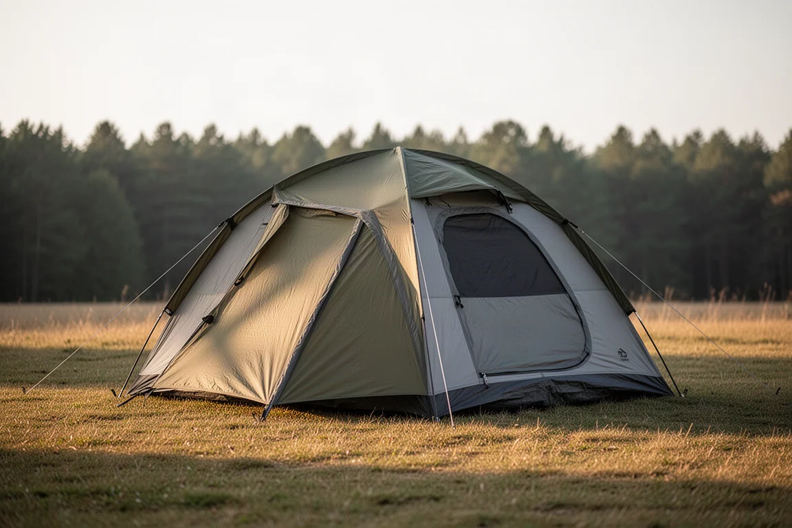 Compact two-person camping tent in olive and grey pitched on a concrete platform