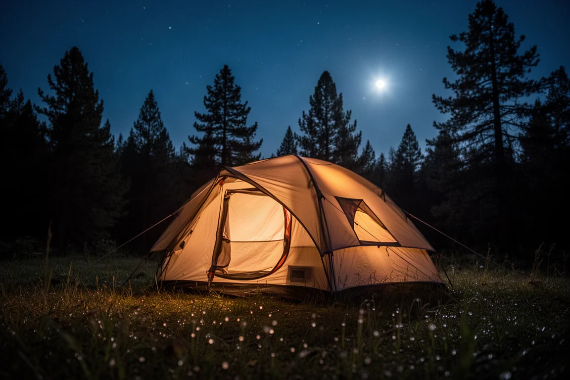 Stort tält som lyser varmt inifrån på en stjärnklar nattlig campingplats