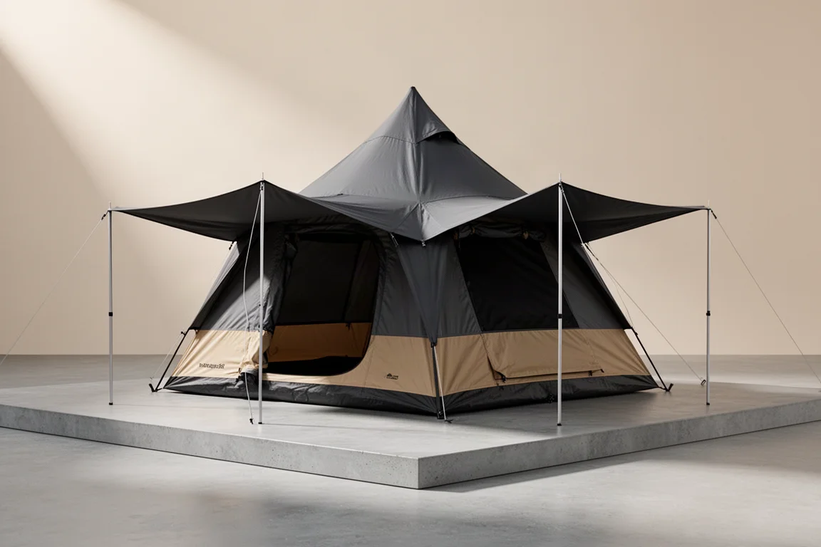 Large four-person instant-setup camping tent with dark rainfly and extended awning on concrete