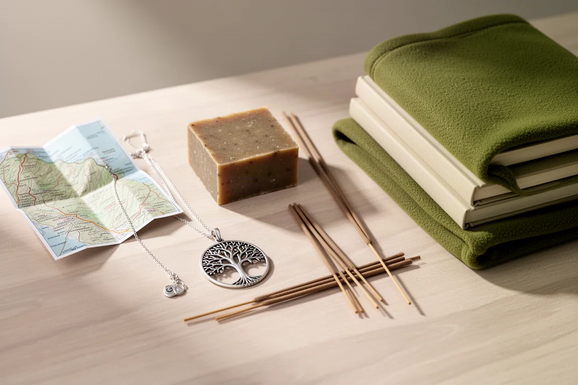 Flat lay di regali ispirati alla natura tra cui un ciondolo, una mappa, un sapone, un pile e dei libri