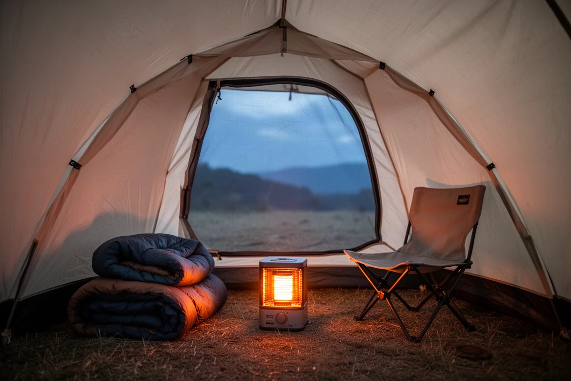 Butankartusche wird in den hinteren Kraftstoffeinschub eines kompakten Camping-Heizers eingesetzt