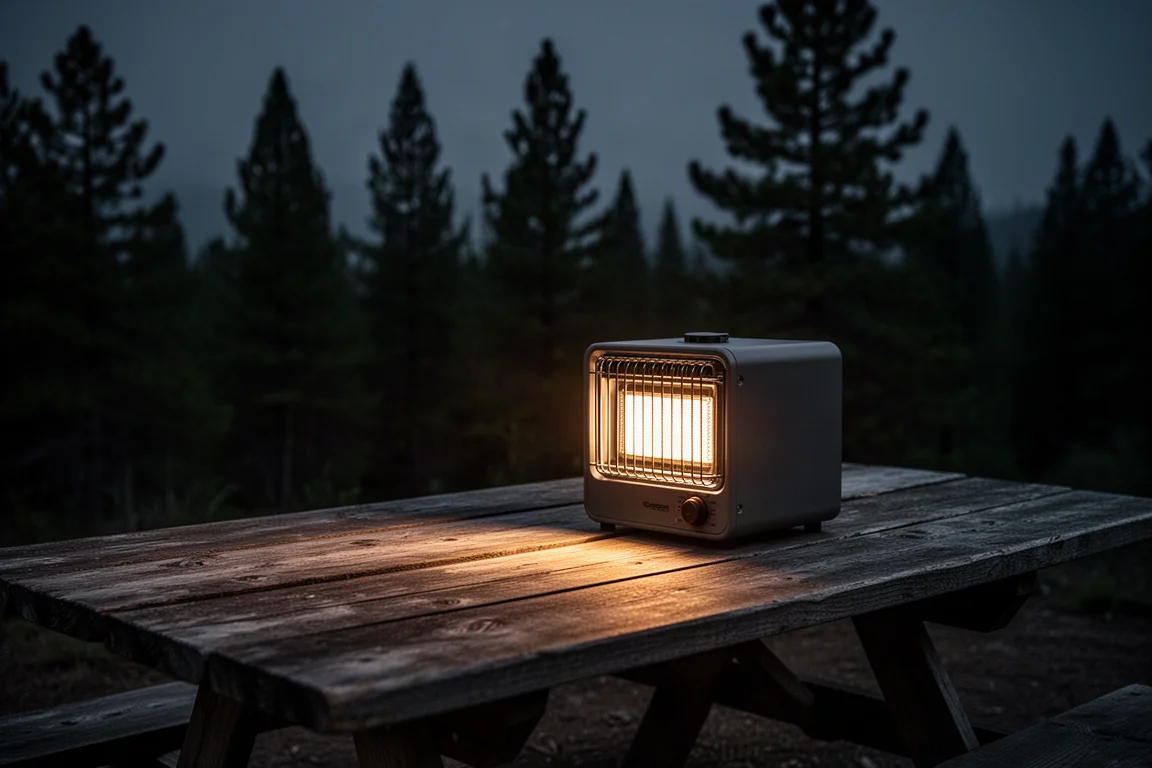 Camping-Heizer wirft nachts warmes Licht über einen Campingplatz