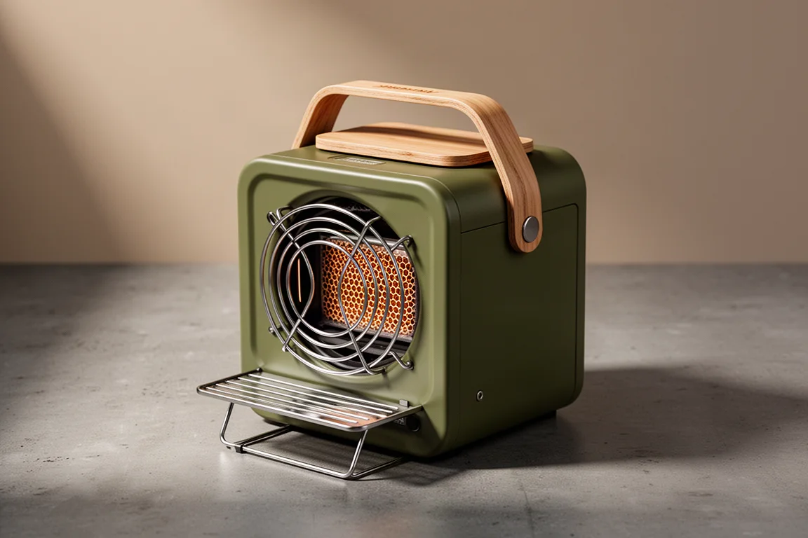 Olive green cube-shaped portable butane heater stove with beechwood handle on a concrete surface