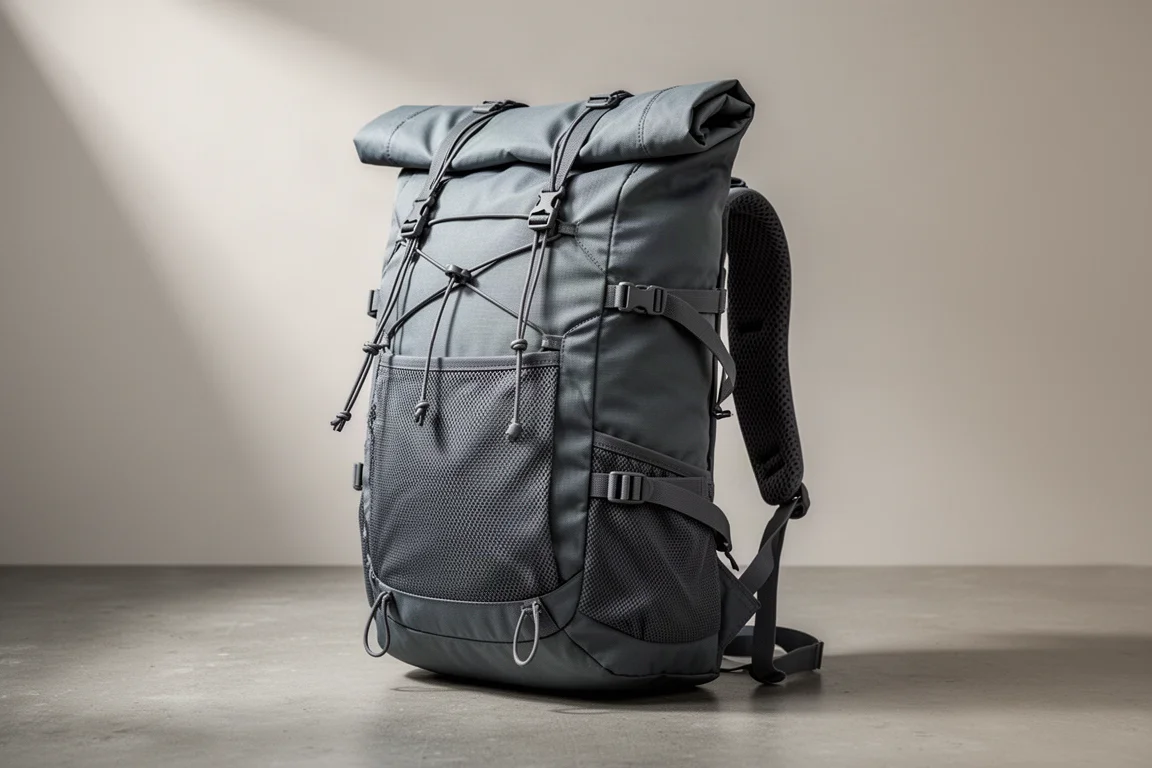 Grey nylon roll-top hiking backpack standing upright on a matte concrete surface