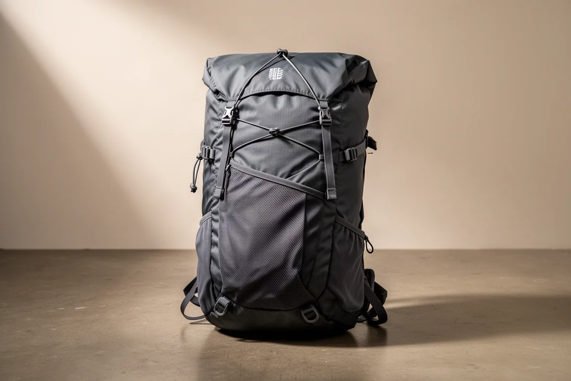 Gray nylon roll-top trekking backpack standing upright on a concrete floor