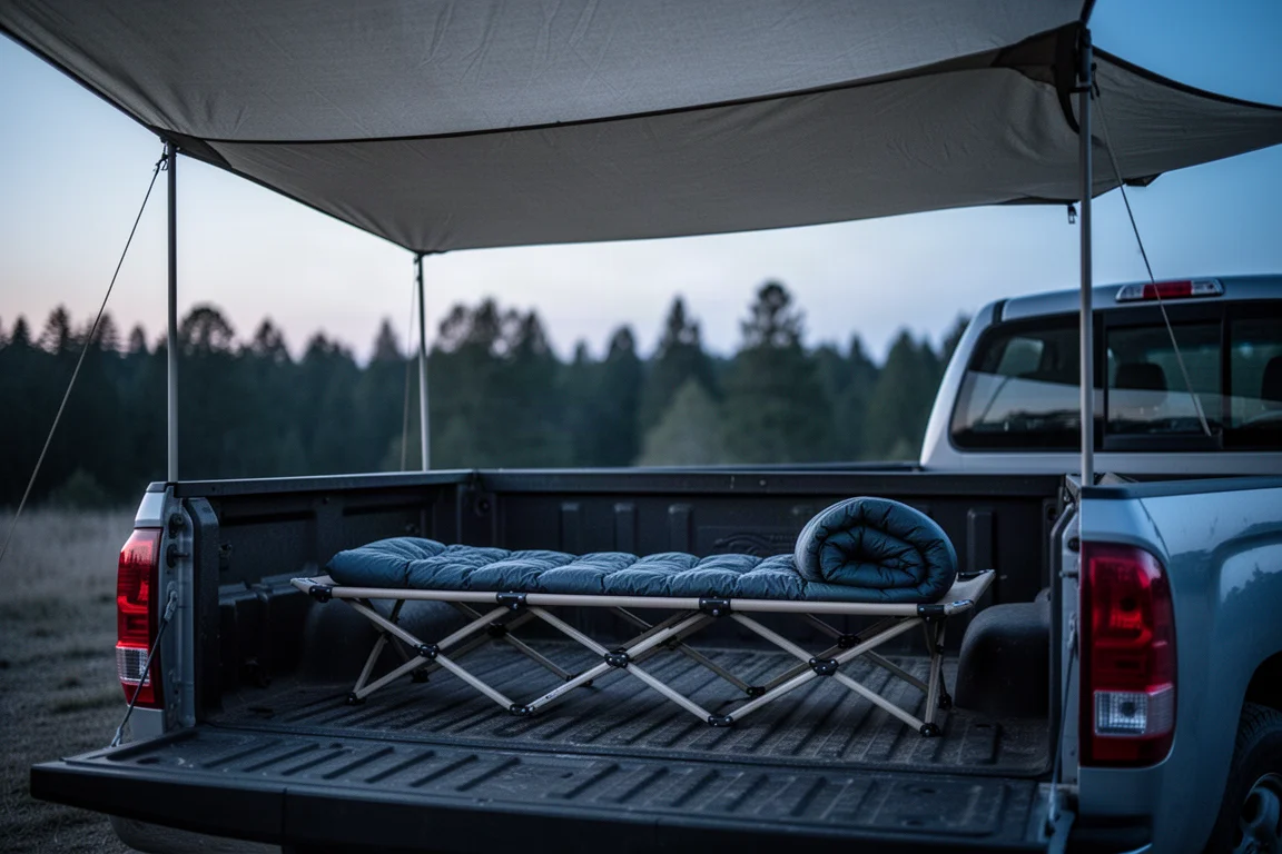 Niedrig aufgestellte Campingliege in einem Canvas-Hot-Tent mit leuchtendem Holzofen in der Nähe