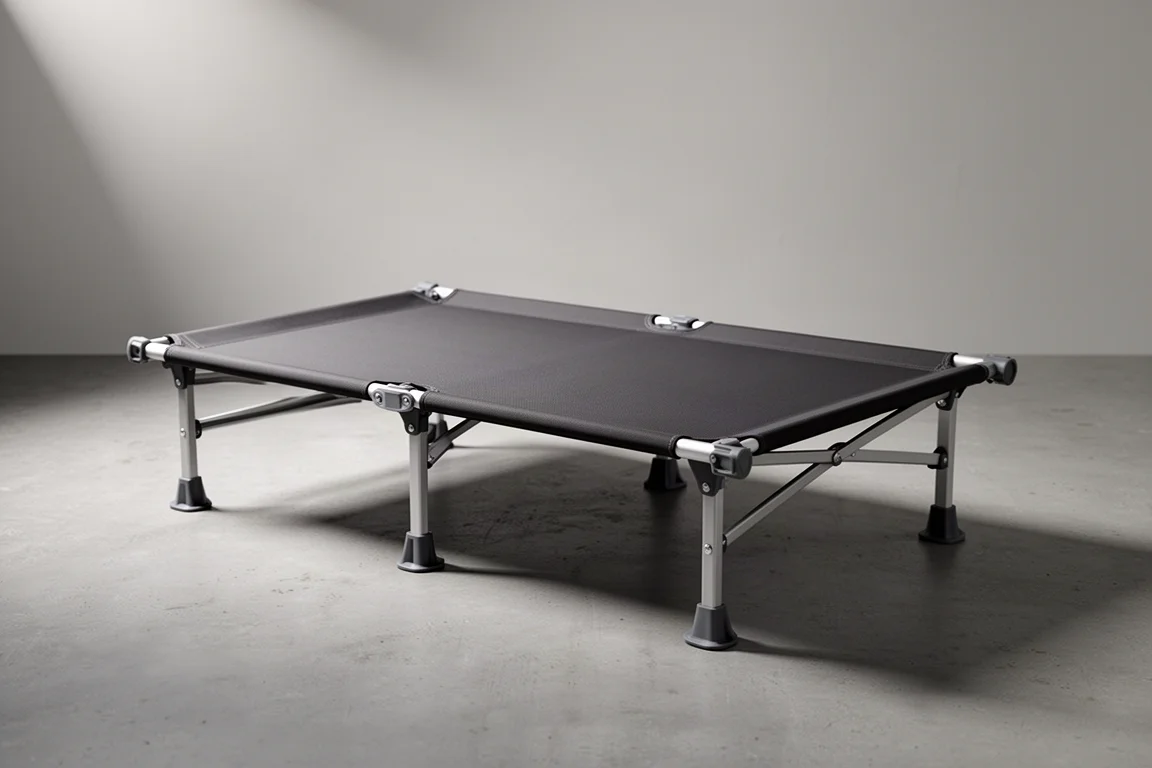 Assembled two-level folding camping cot with dark fabric bed on a concrete floor