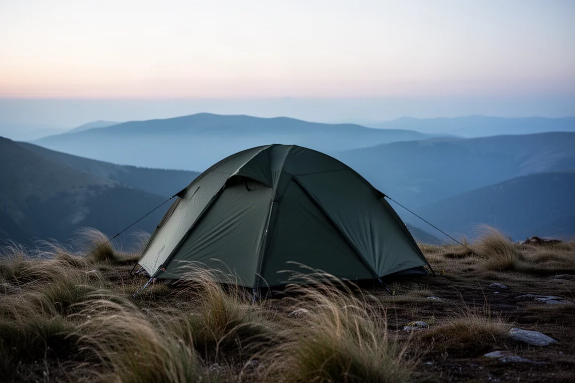 Dois caminhantes ao lado de uma barraca verde de parede simples com ambas as portas de tela abertas em um acampamento seco de verão
