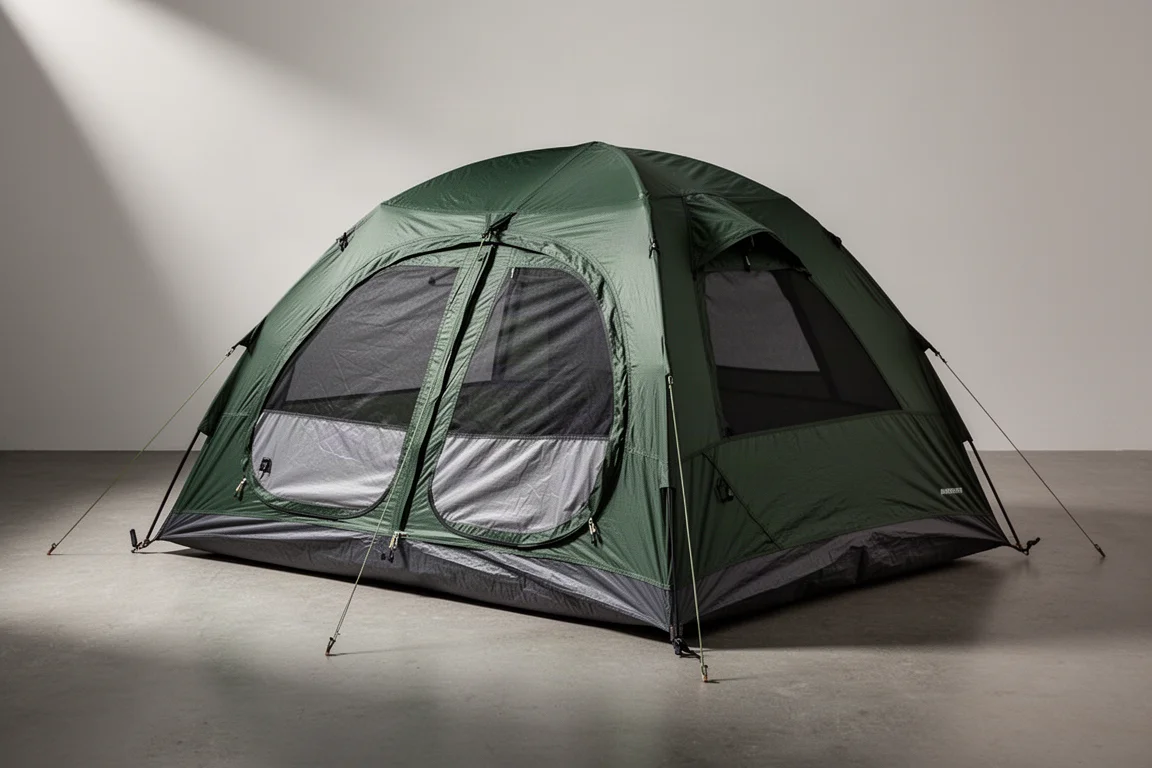 Two-person single-wall camping tent pitched on a grassy meadow at first light