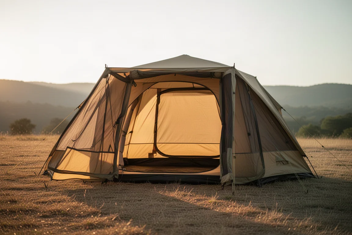 Ampia tenda da campeggio monoparete con entrambe le porte in mesh aperte su una radura erbosa durante l'ora d'oro