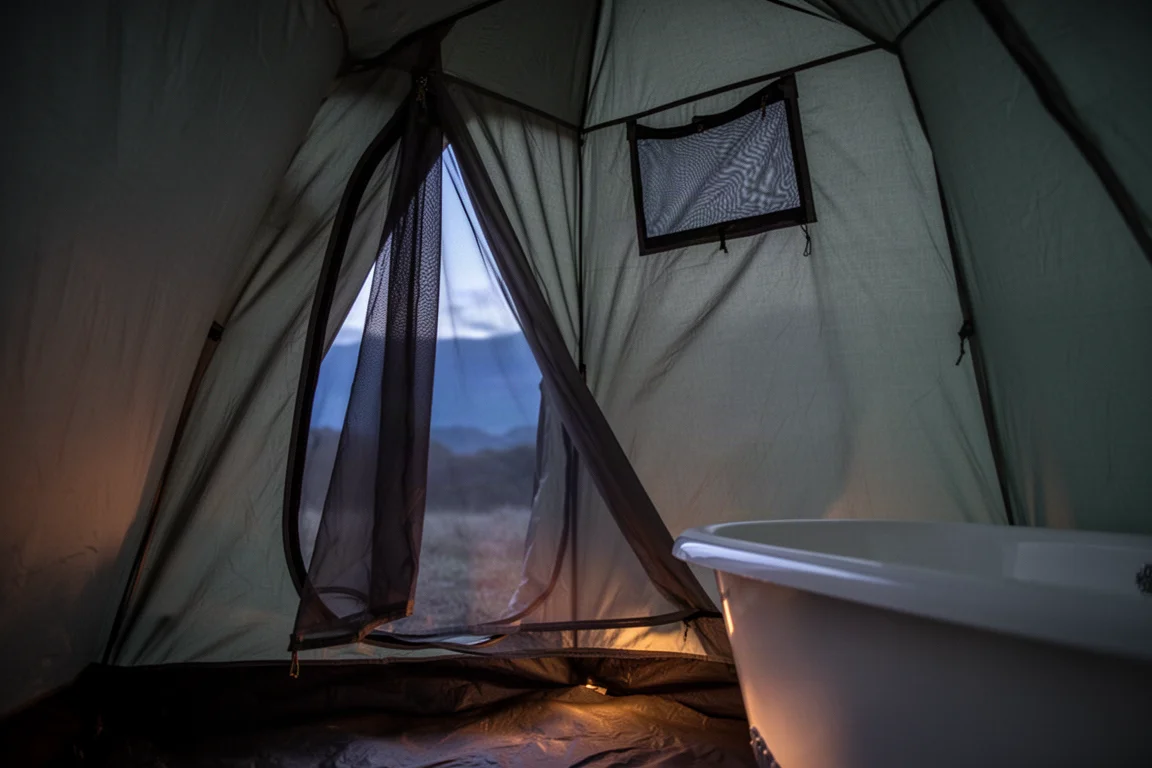 Interno di una tenda monoparete al crepuscolo con porta in mesh semiaperta e apertura di ventilazione visibile