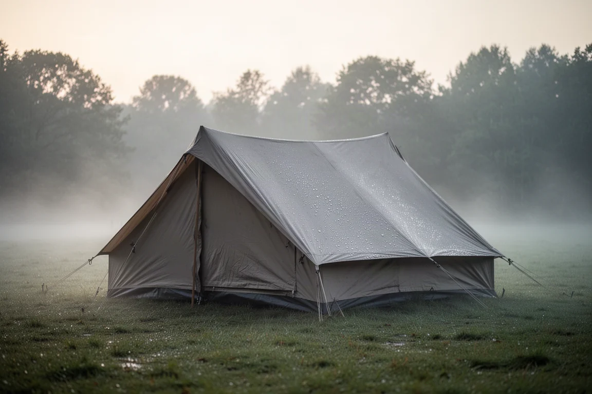 Grande tenda in piedi da sola su erba bagnata all'alba con nebbia e condensa sul tessuto