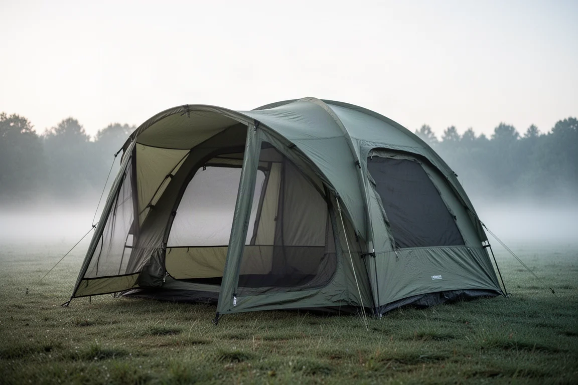 Large two-door single-wall camping tent pitched on a misty grassy clearing in early morning light