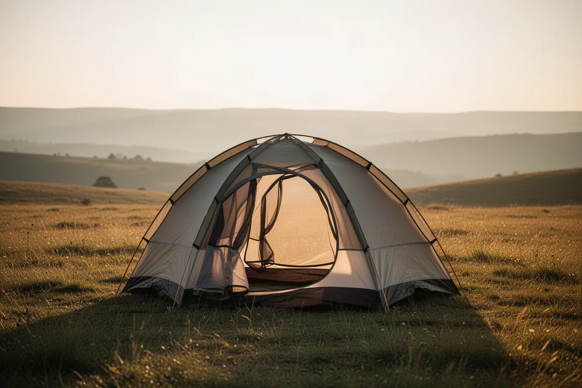 Tenda da backpacking a singolo strato montata in una radura erbosa illuminata dal sole durante l'ora d'oro