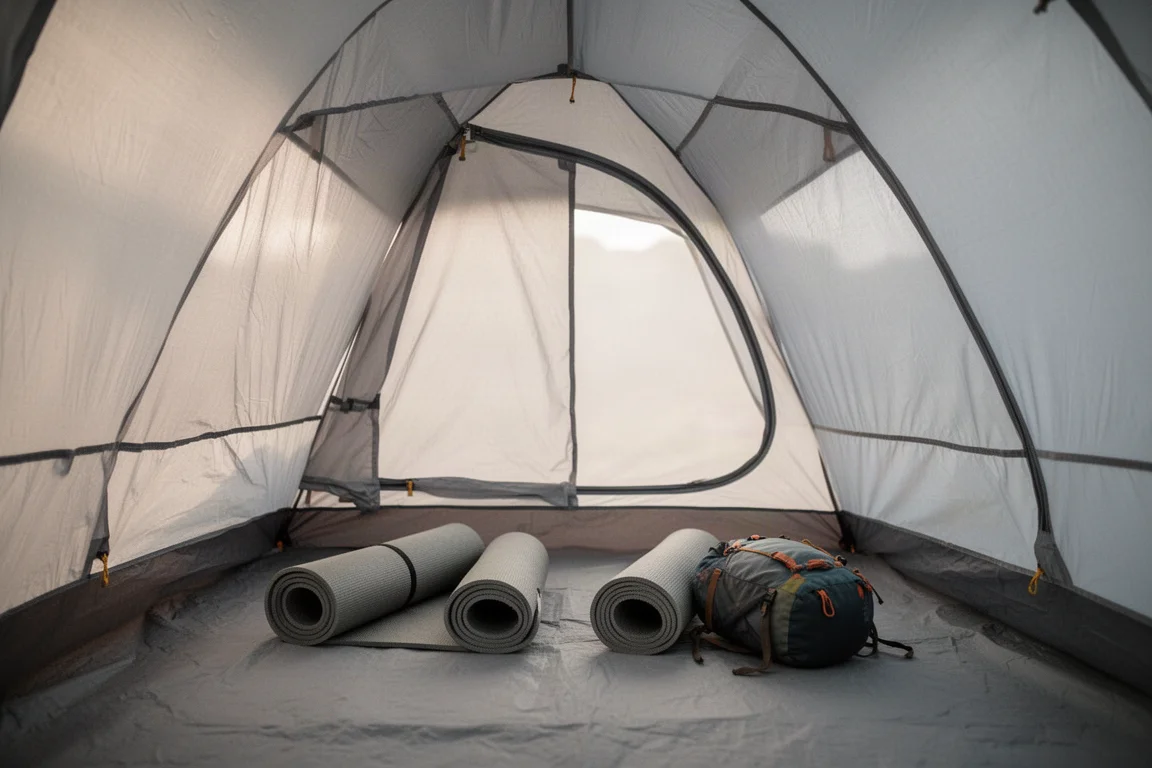 Interno di una spaziosa tenda da backpacking a singolo strato con stuoie e uno zaino
