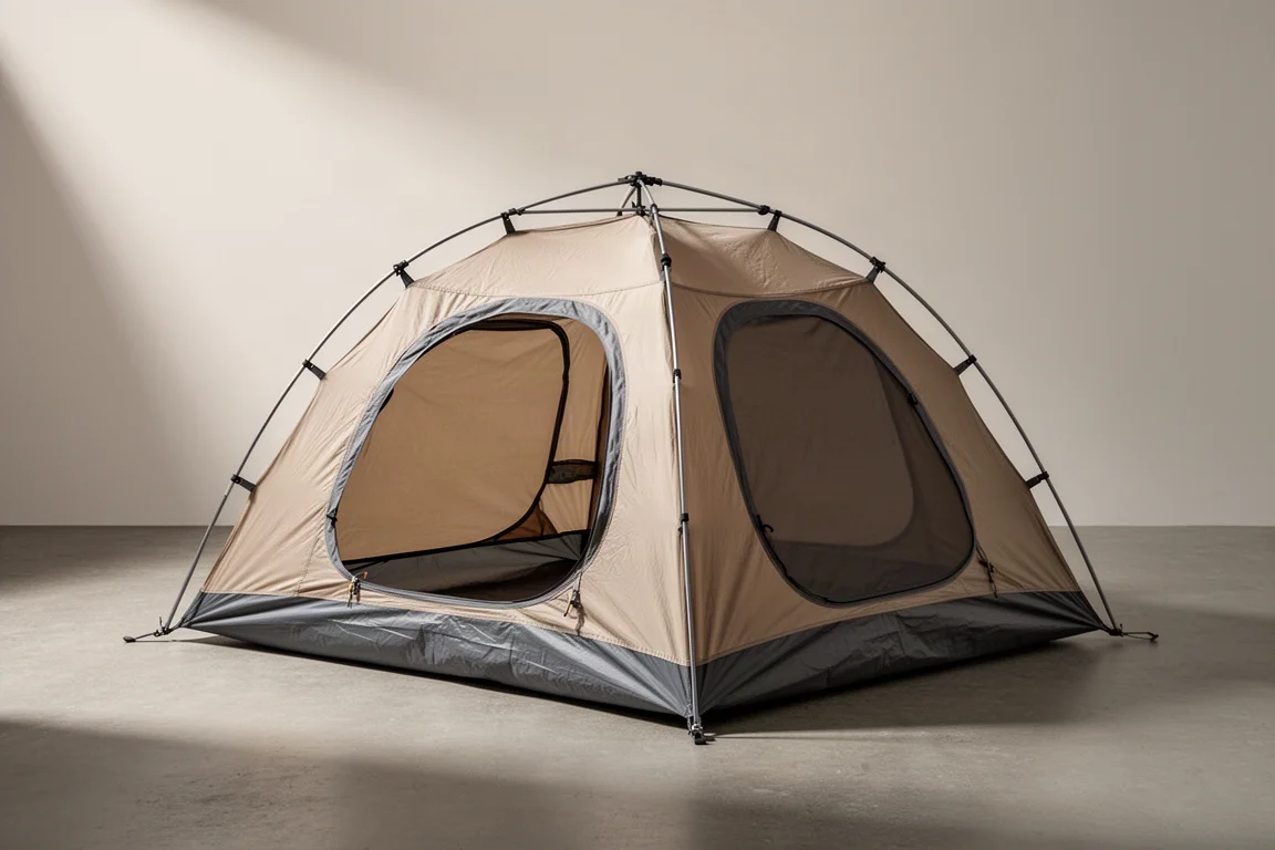 Tenda da backpacking per due persone a singolo strato montata su una superficie in cemento con due grandi porte