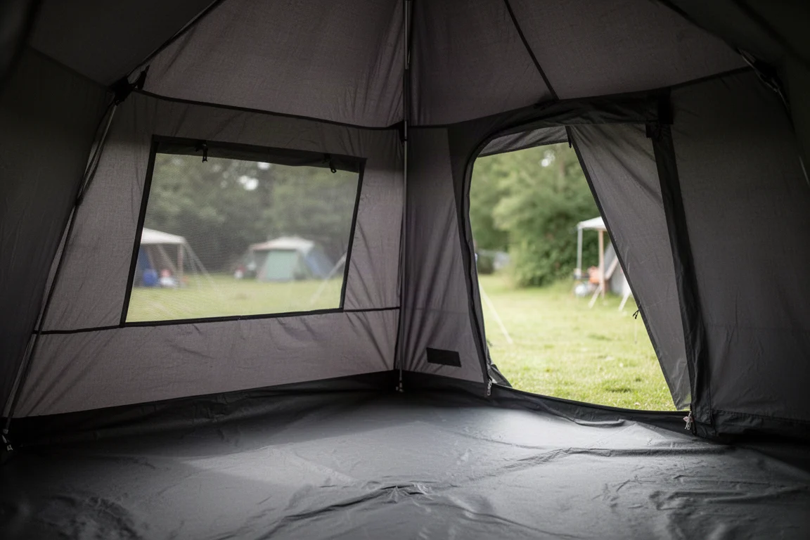 Innenraum eines großen dunklen Campingzelts mit Mesh-Fenster und weichem Tageslicht durch den Stoff