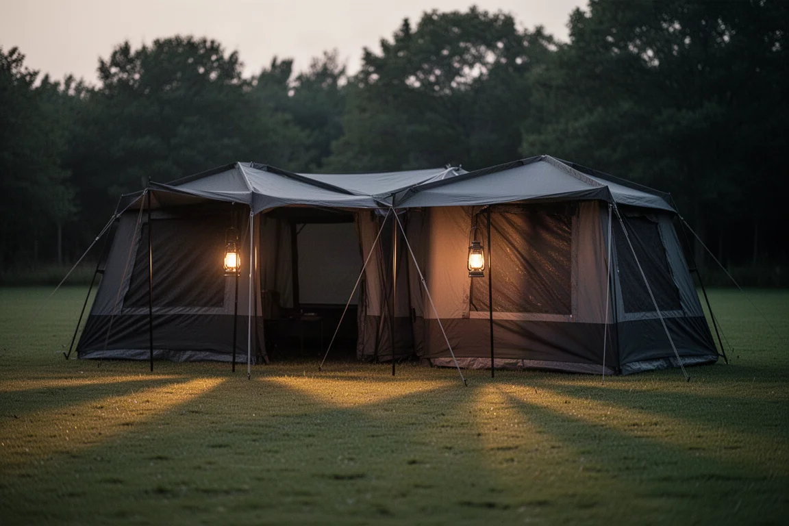 Zwei verbundene Zeltstrukturen auf einer Campingwiese in der Dämmerung mit warmem Laternenlicht