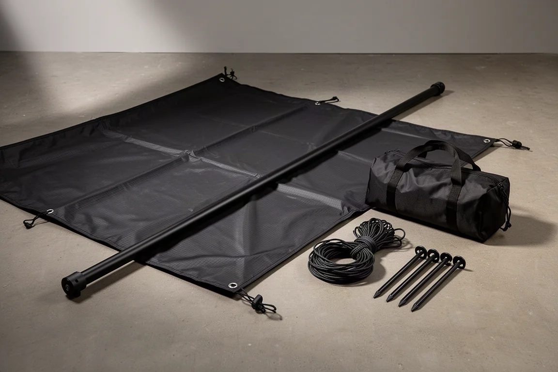 Large black camping tent canopy with fiberglass pole, storage bag and stakes on concrete
