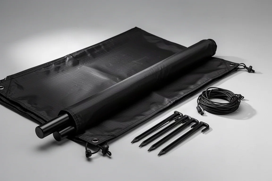 Large black camping tent shell with a single fiberglass pole on a neutral backdrop